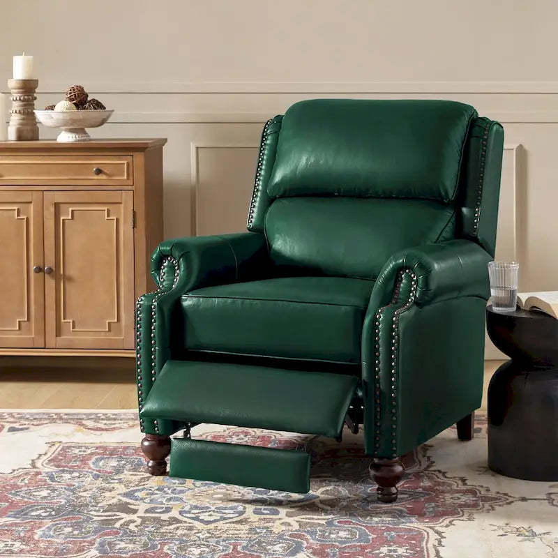 Mid-Century Modern Genuine Leather Recliner with Tapered Block Feet