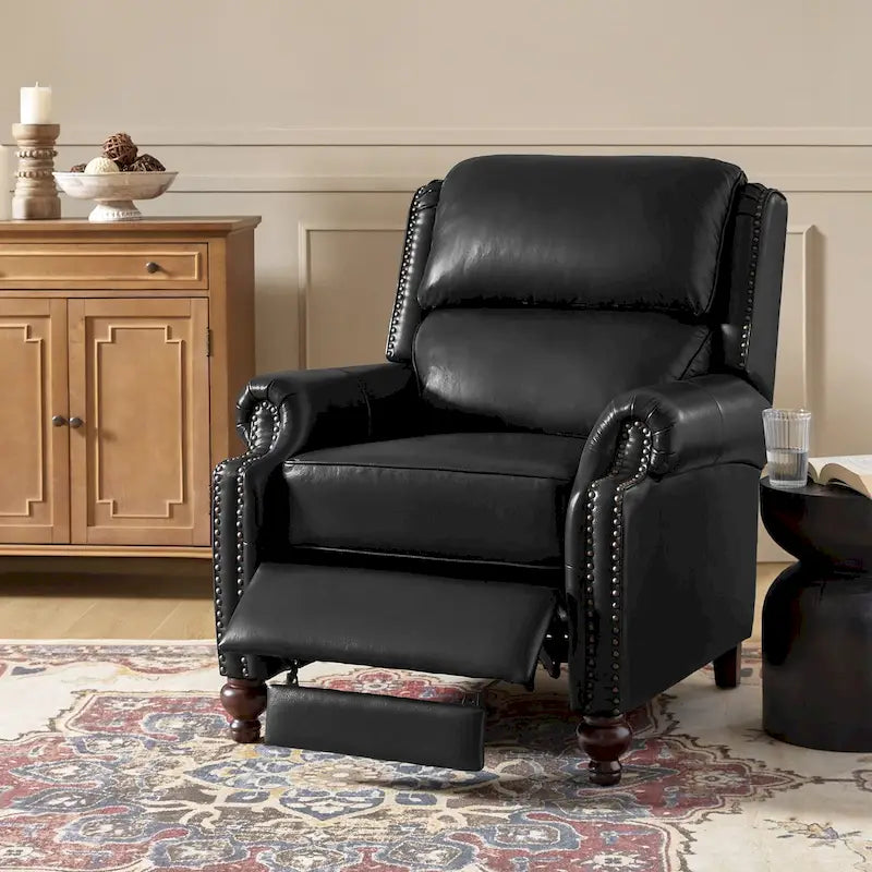 Mid-Century Modern Genuine Leather Recliner with Tapered Block Feet