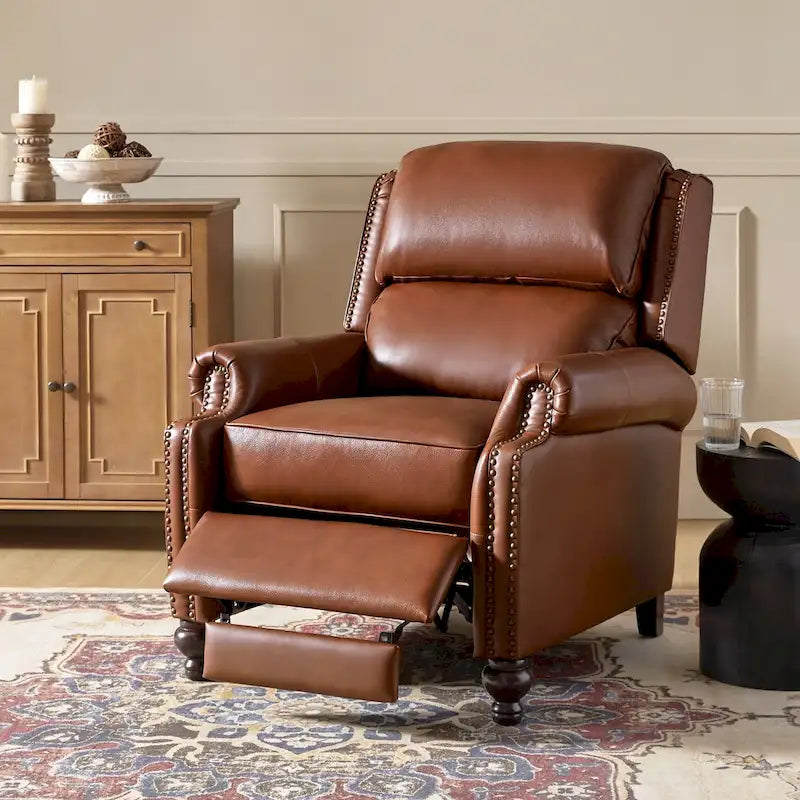 Mid-Century Modern Genuine Leather Recliner with Tapered Block Feet