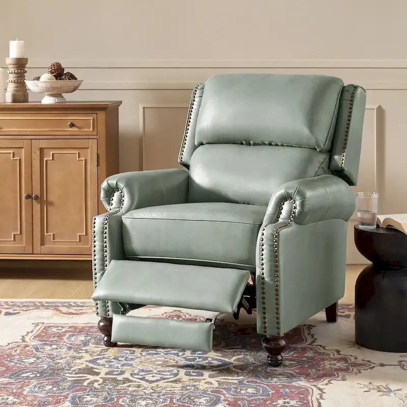 Mid-Century Modern Genuine Leather Recliner with Tapered Block Feet