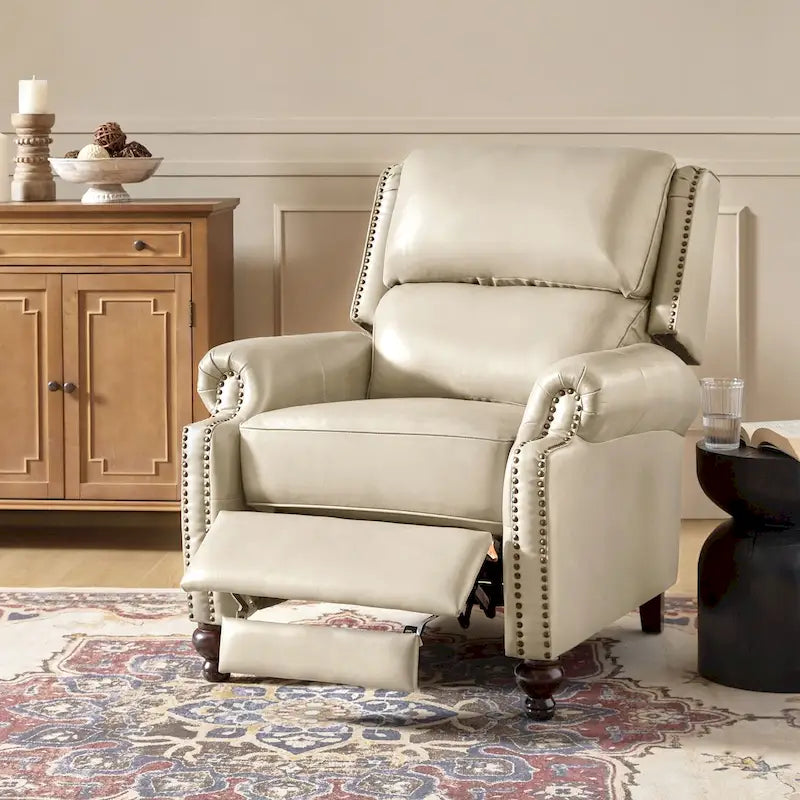 Mid-Century Modern Genuine Leather Recliner with Tapered Block Feet
