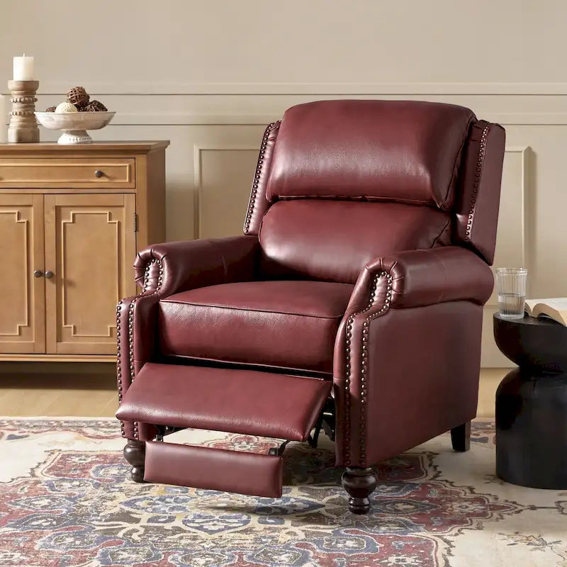 Mid-Century Modern Genuine Leather Recliner with Tapered Block Feet