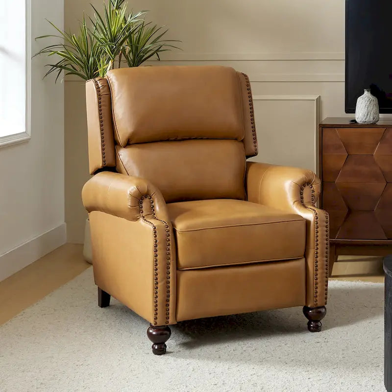 Mid-Century Modern Genuine Leather Recliner with Tapered Block Feet