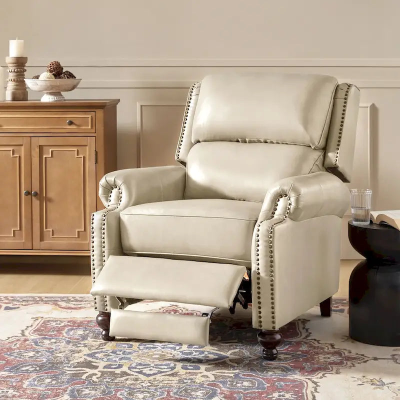 Mid-Century Modern Genuine Leather Recliner with Tapered Block Feet