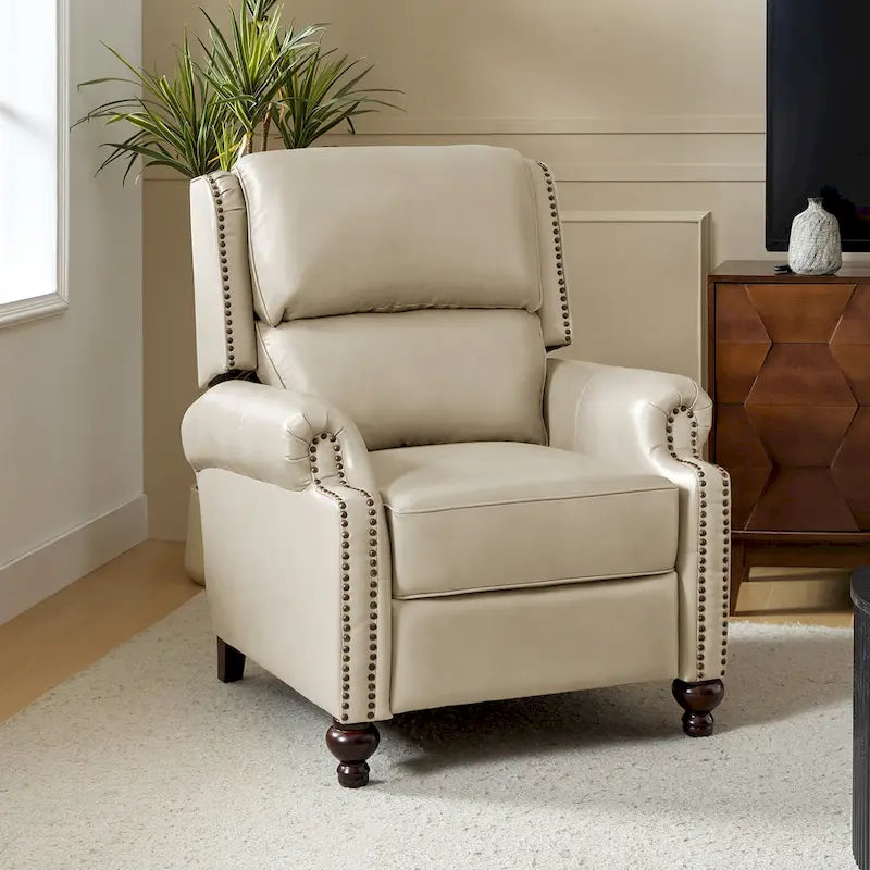 Mid-Century Modern Genuine Leather Recliner with Tapered Block Feet