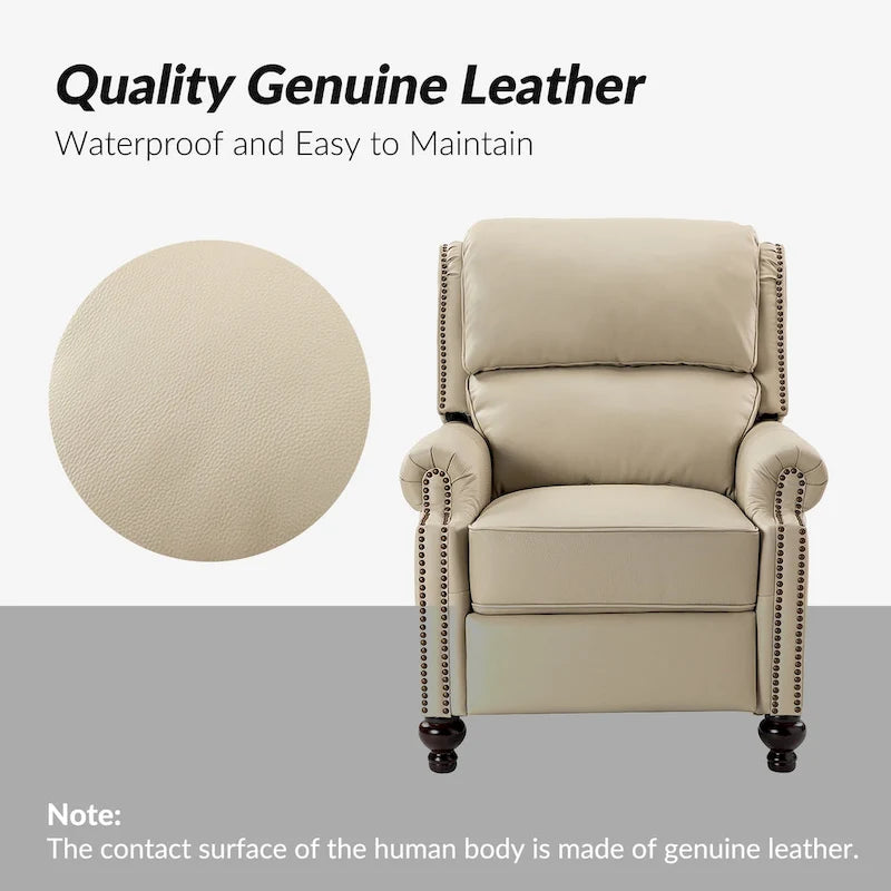 Mid-Century Modern Genuine Leather Recliner with Tapered Block Feet