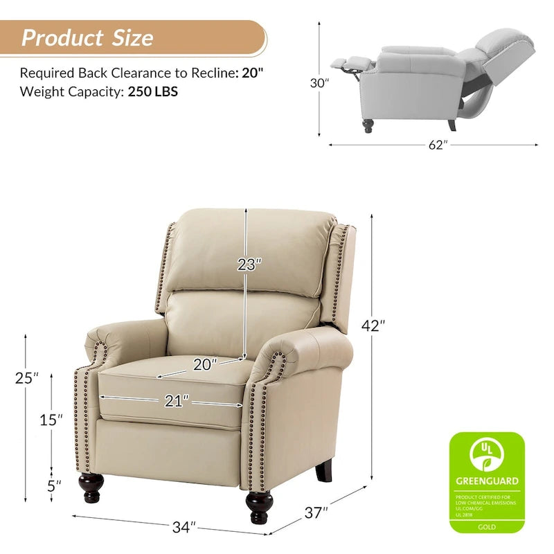 Mid-Century Modern Genuine Leather Recliner with Tapered Block Feet