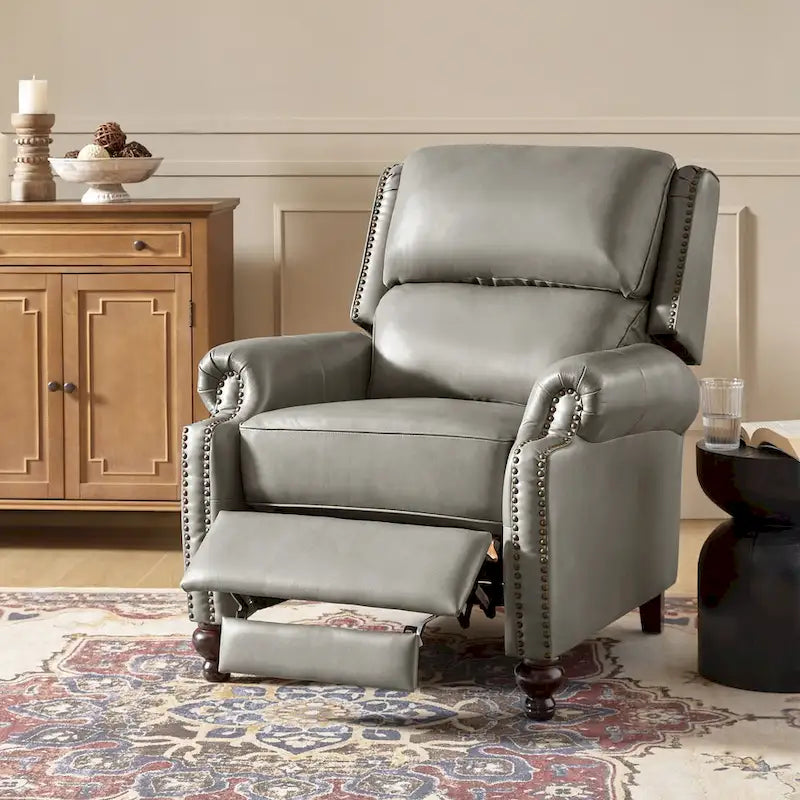 Mid-Century Modern Genuine Leather Recliner with Tapered Block Feet