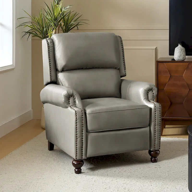Mid-Century Modern Genuine Leather Recliner with Tapered Block Feet