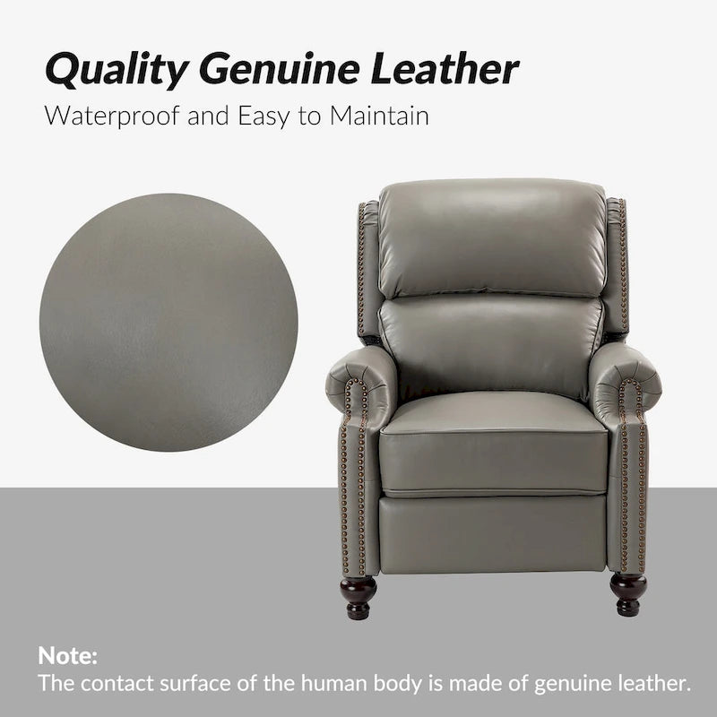 Mid-Century Modern Genuine Leather Recliner with Tapered Block Feet