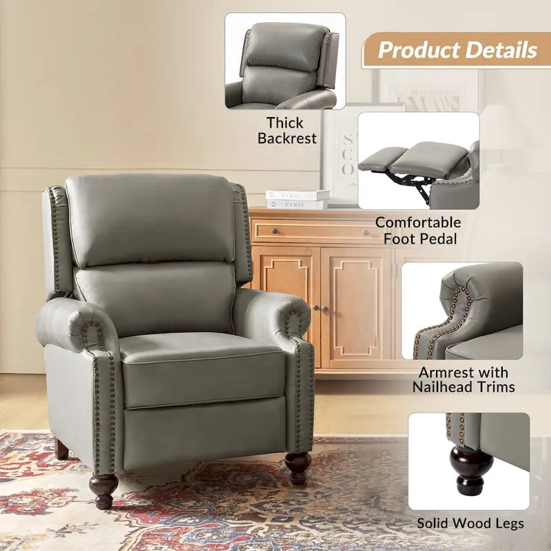 Mid-Century Modern Genuine Leather Recliner with Tapered Block Feet