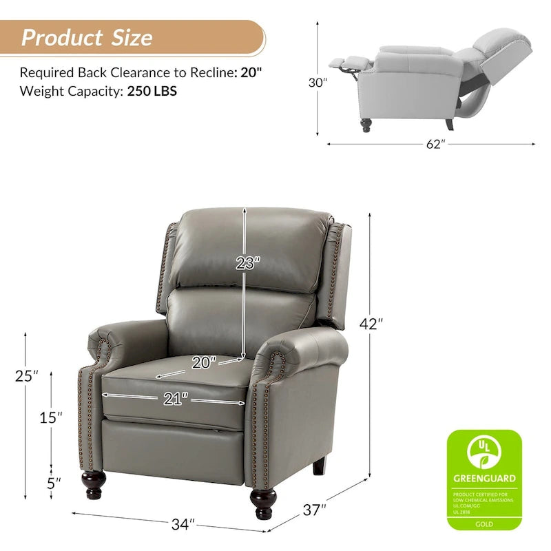 Mid-Century Modern Genuine Leather Recliner with Tapered Block Feet