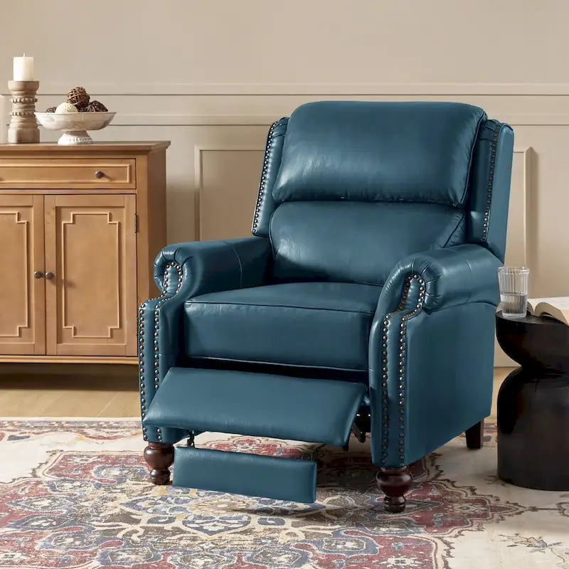 Mid-Century Modern Genuine Leather Recliner with Tapered Block Feet