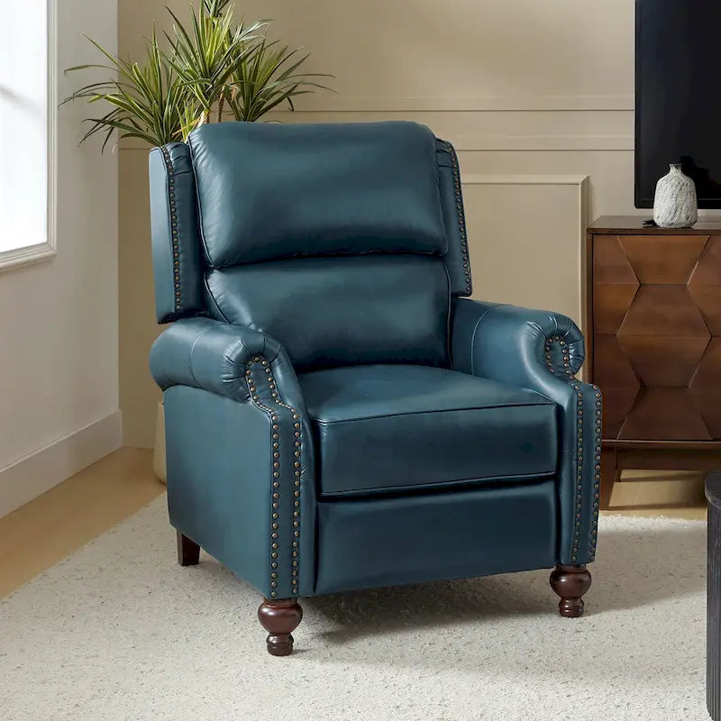 Mid-Century Modern Genuine Leather Recliner with Tapered Block Feet