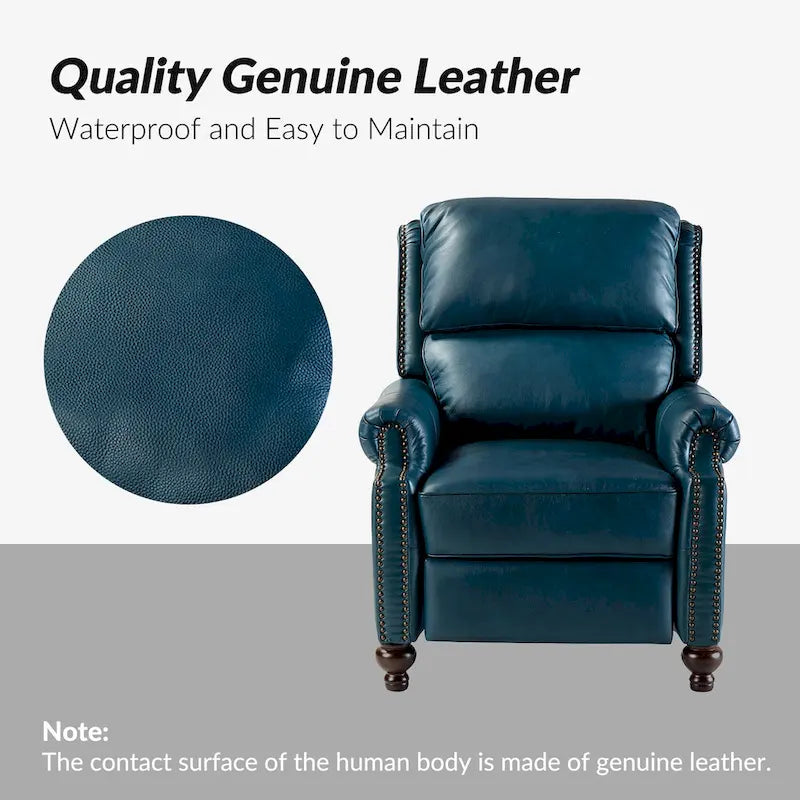 Mid-Century Modern Genuine Leather Recliner with Tapered Block Feet