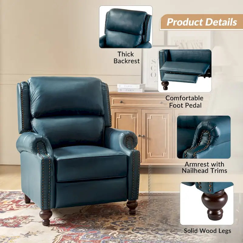 Mid-Century Modern Genuine Leather Recliner with Tapered Block Feet