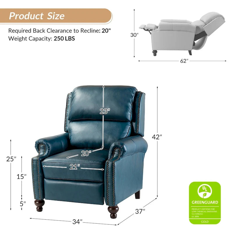 Mid-Century Modern Genuine Leather Recliner with Tapered Block Feet
