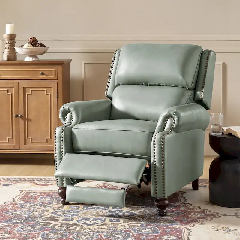 Mid-Century Modern Genuine Leather Recliner with Tapered Block Feet