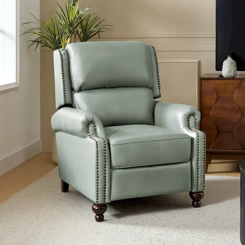 Mid-Century Modern Genuine Leather Recliner with Tapered Block Feet
