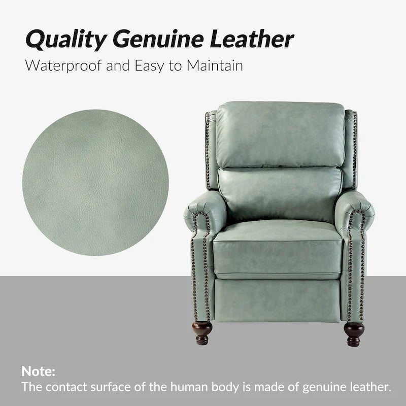 Mid-Century Modern Genuine Leather Recliner with Tapered Block Feet