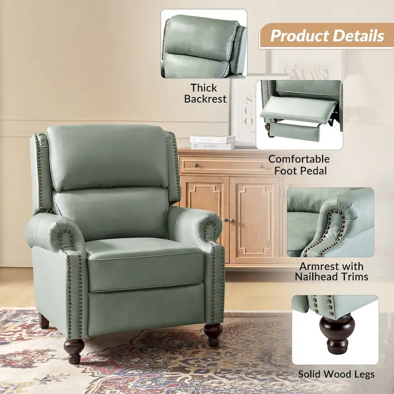 Mid-Century Modern Genuine Leather Recliner with Tapered Block Feet