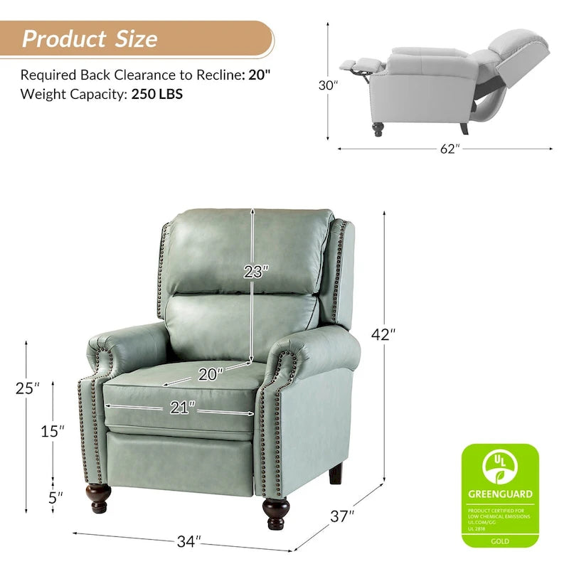 Mid-Century Modern Genuine Leather Recliner with Tapered Block Feet