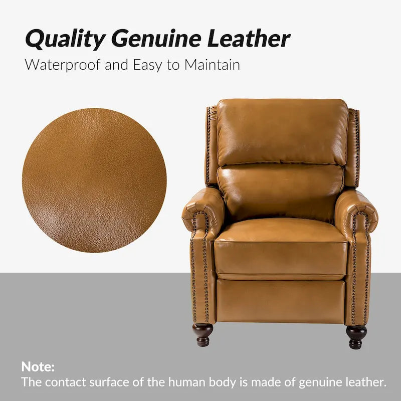 Mid-Century Modern Genuine Leather Recliner with Tapered Block Feet