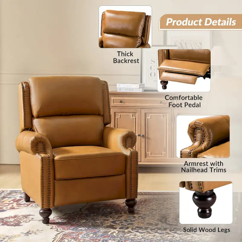 Mid-Century Modern Genuine Leather Recliner with Tapered Block Feet