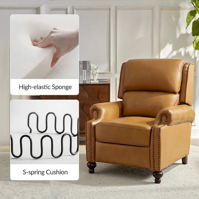 Mid-Century Modern Genuine Leather Recliner with Tapered Block Feet