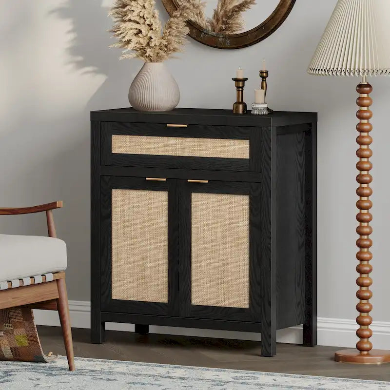 Farmhouse Rattan Sideboard Cabinet with Drawer - Antique Wood, 30"W