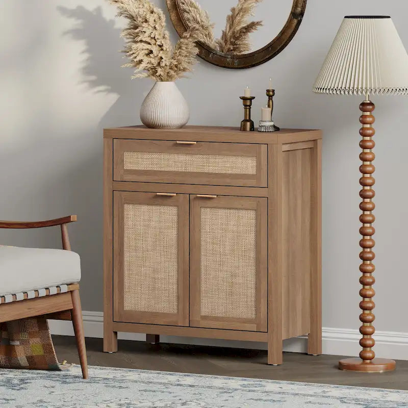 Farmhouse Rattan Sideboard Cabinet with Drawer - Antique Wood, 30"W