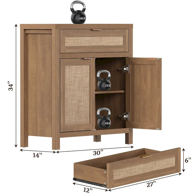 Farmhouse Rattan Sideboard Cabinet with Drawer - Antique Wood, 30"W