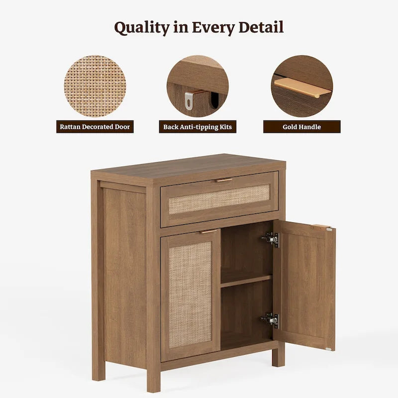 Farmhouse Rattan Sideboard Cabinet with Drawer - Antique Wood, 30"W