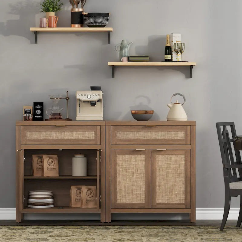 Farmhouse Rattan Sideboard Cabinet with Drawer - Antique Wood, 30"W