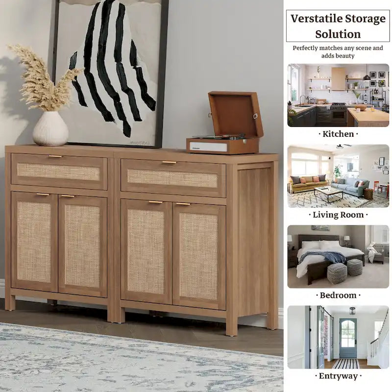 Farmhouse Rattan Sideboard Cabinet with Drawer - Antique Wood, 30"W