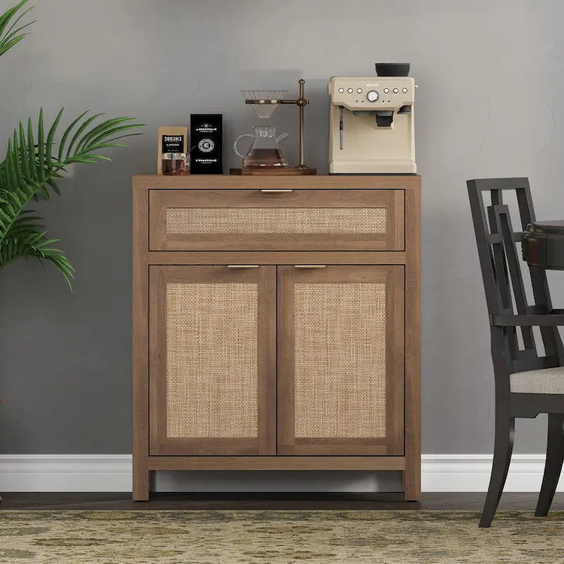 Farmhouse Rattan Sideboard Cabinet with Drawer - Antique Wood, 30"W