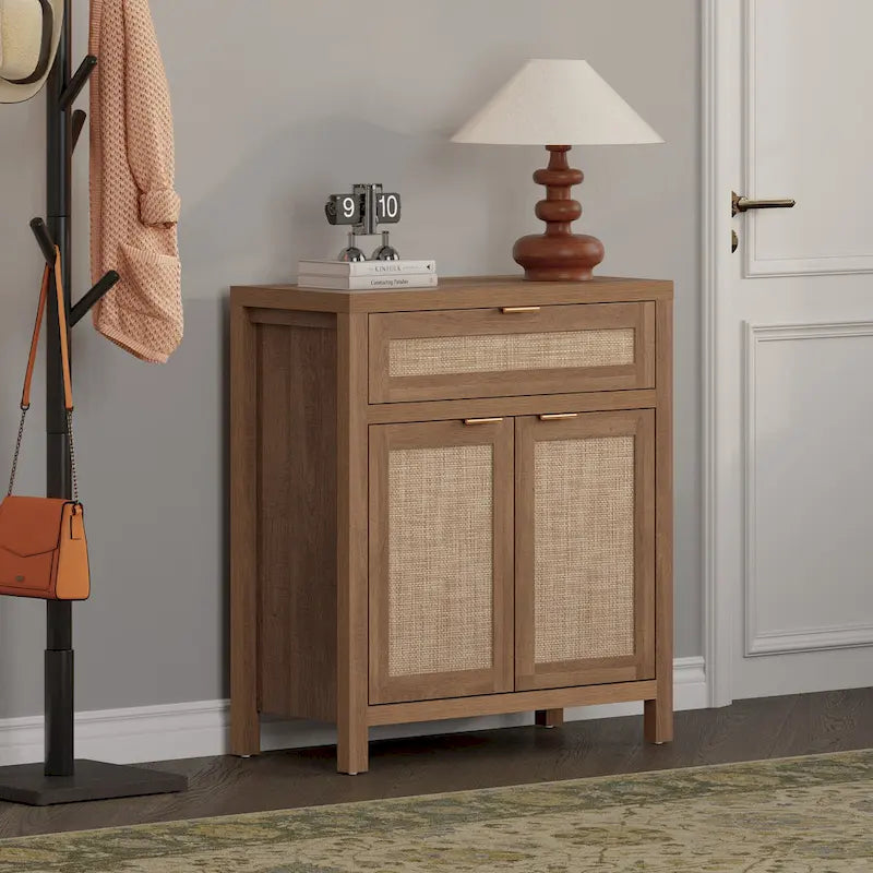 Farmhouse Rattan Sideboard Cabinet with Drawer - Antique Wood, 30"W