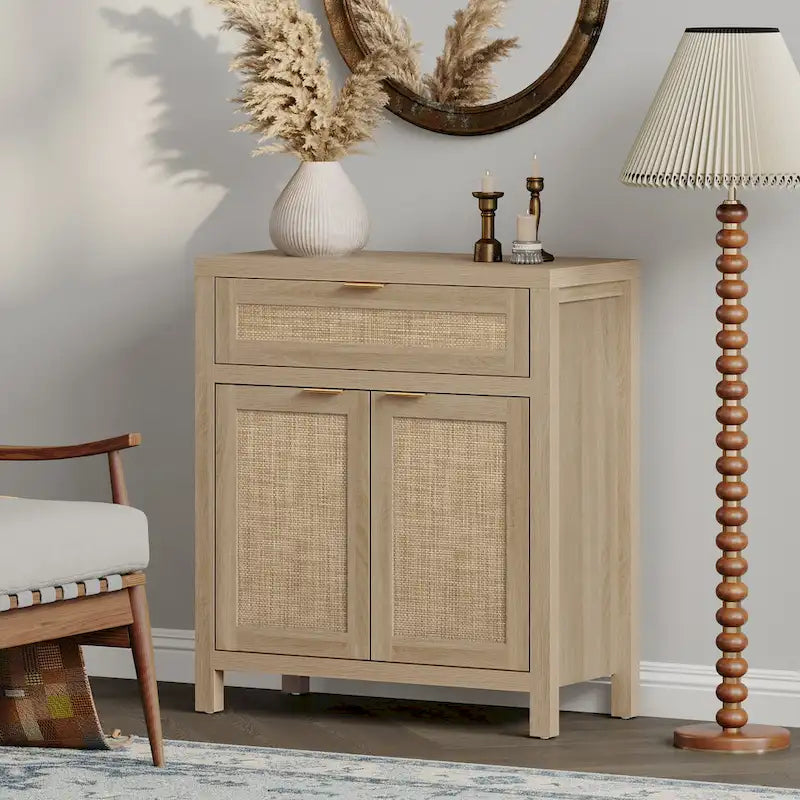 Farmhouse Rattan Sideboard Cabinet with Drawer - Antique Wood, 30"W