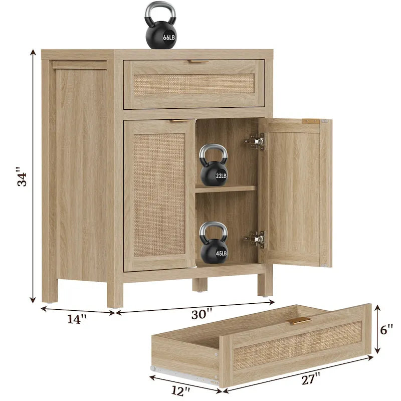 Farmhouse Rattan Sideboard Cabinet with Drawer - Antique Wood, 30"W