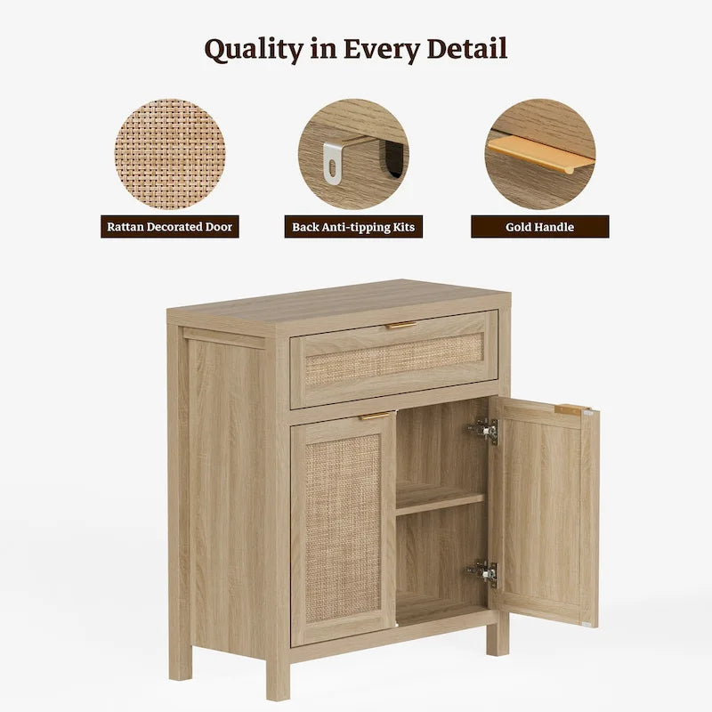 Farmhouse Rattan Sideboard Cabinet with Drawer - Antique Wood, 30"W