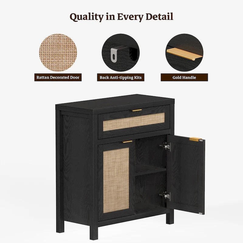 Farmhouse Rattan Sideboard Cabinet with Drawer - Antique Wood, 30"W