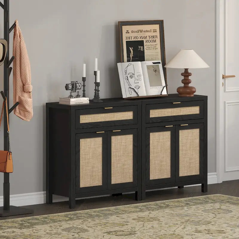 Farmhouse Rattan Sideboard Cabinet with Drawer - Antique Wood, 30"W