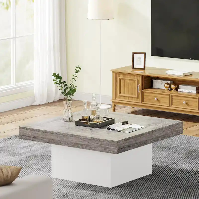 Farmhouse Square LED Coffee Table Engineered Wood Coffee Table for Living Room