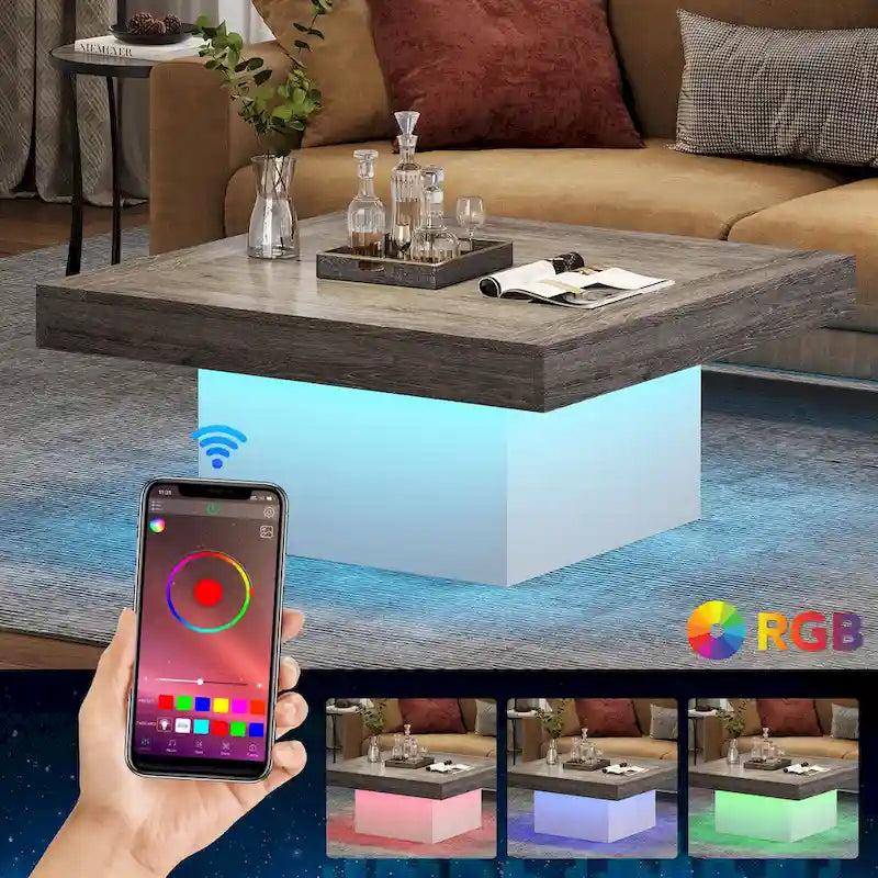 Farmhouse Square LED Coffee Table Engineered Wood Coffee Table for Living Room