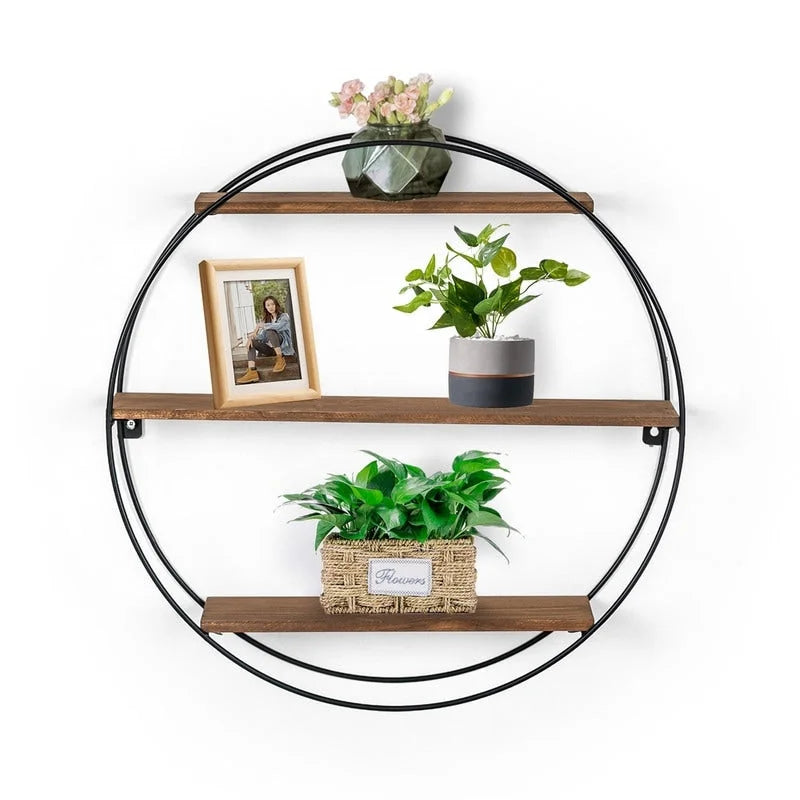 Round Floating Wall Shelf with Wood and Metal Frame