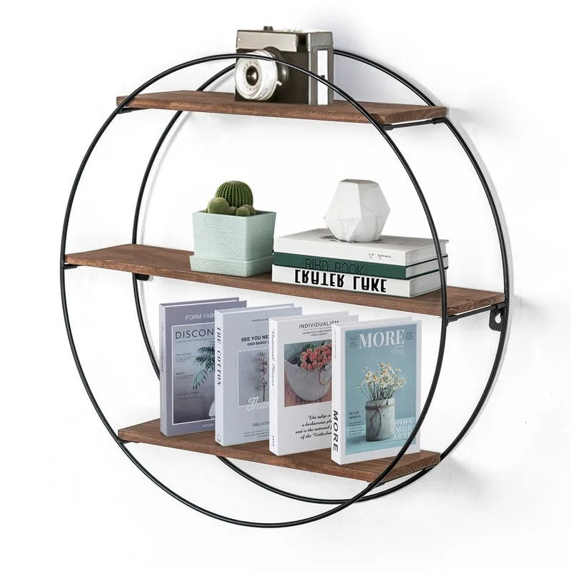 Round Floating Wall Shelf with Wood and Metal Frame