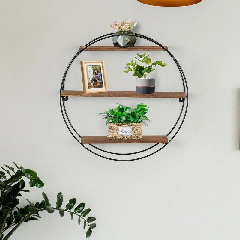 Round Floating Wall Shelf with Wood and Metal Frame