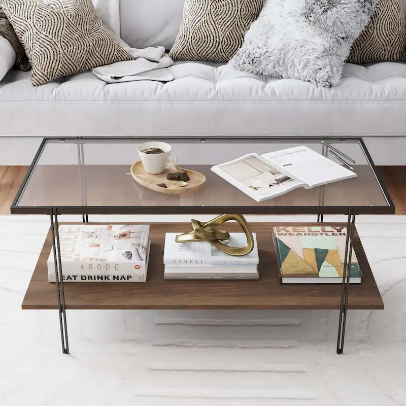 Mid-Century 2-Tier Coffee Table with Glass Top and Oak Shelf