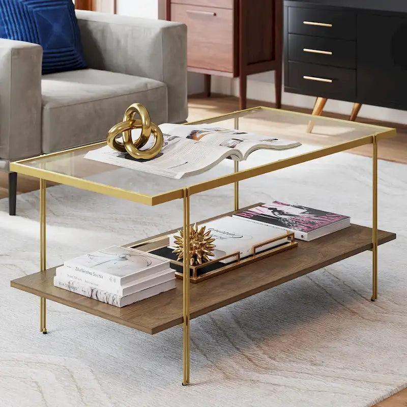Mid-Century 2-Tier Coffee Table with Glass Top and Oak Shelf