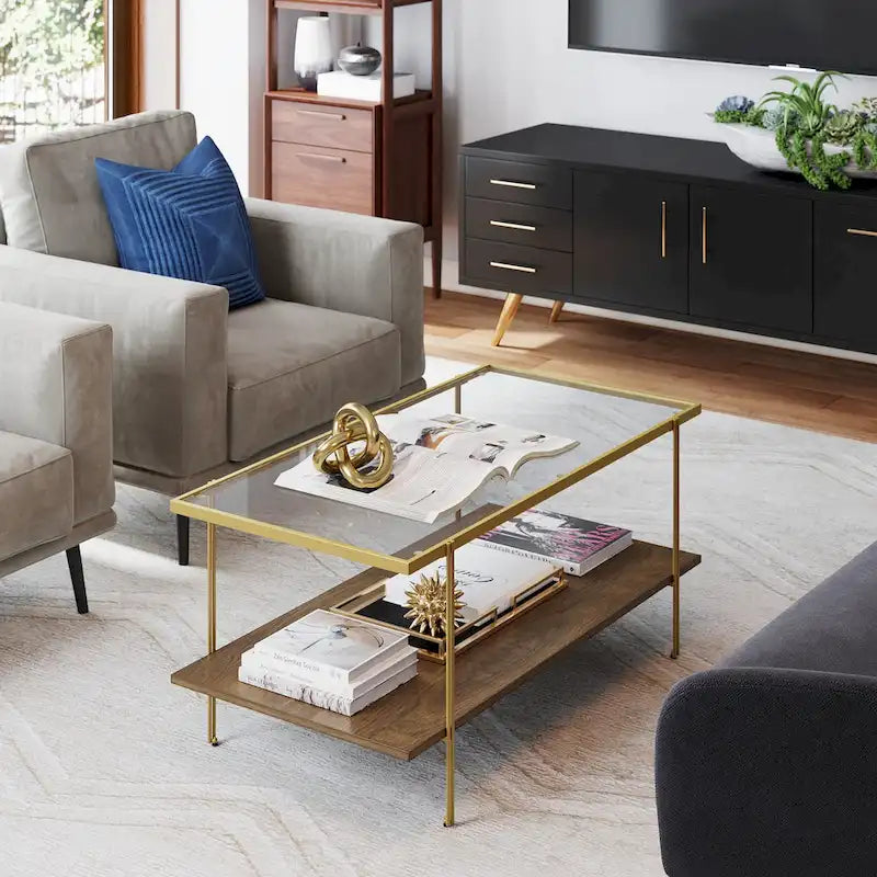 Mid-Century 2-Tier Coffee Table with Glass Top and Oak Shelf